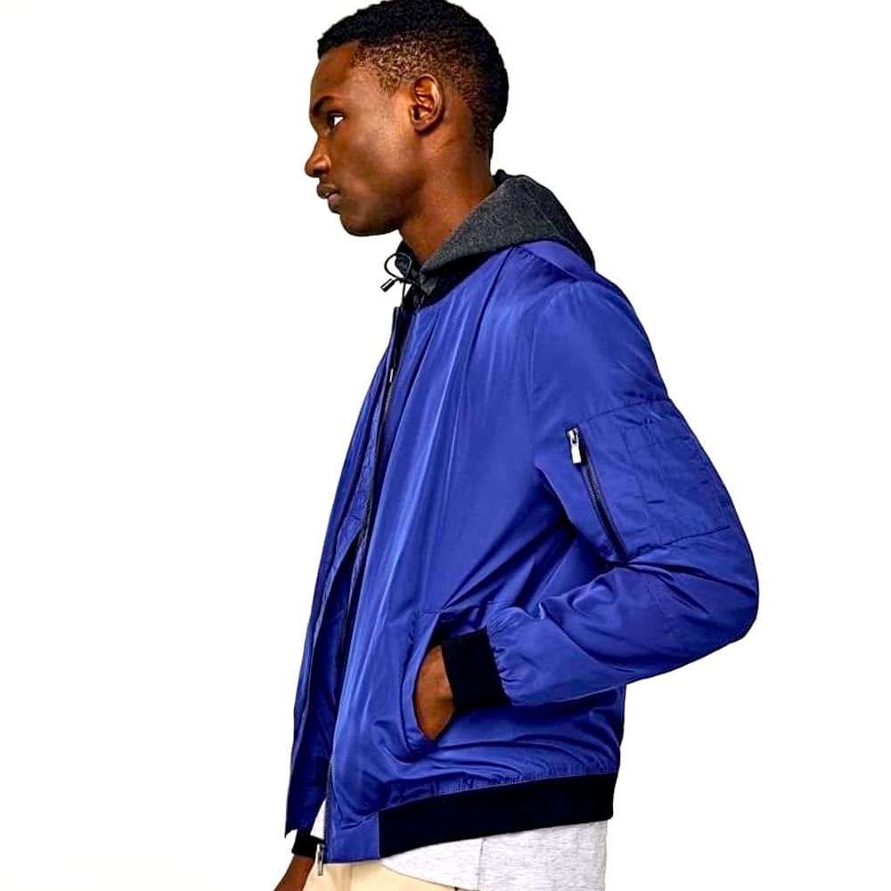 ZARA Man Bomber Layered Hooded Jacket Double Zip  Royal Blue, size M
